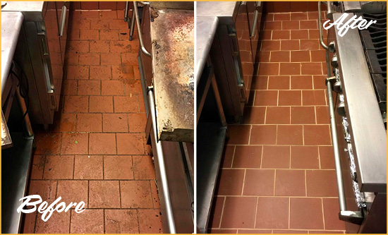 Before and After Picture of a Surfside Restaurant Kitchen Tile and Grout Cleaned to Eliminate Dirt and Grease Build-Up