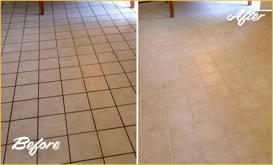 Before and After Picture of a Newport Beach Kitchen Tile and Grout Cleaned to Remove Embedded Dirt