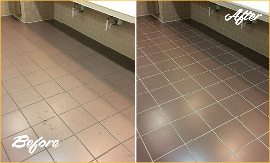 Before and After Picture of a Brea Restrooms Tile and Grout Cleaned to Remove Embedded Dirt