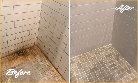 Before and After Picture of a Santa Ana Shower Tile and Grout Cleaned to Eliminate Mold and Stains