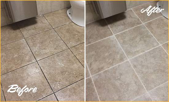 Before and After Picture of a Orange Restroom Tile and Grout Cleaned to Remove Soil