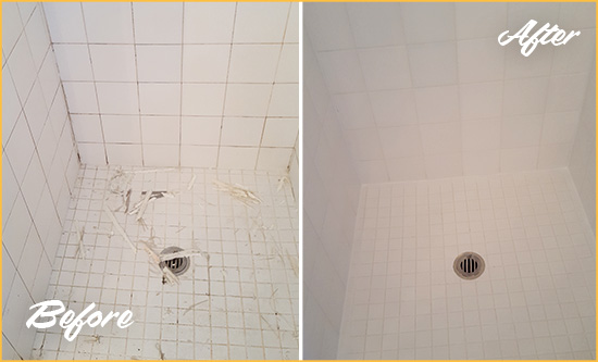 Before and After Picture of a Rossmoor Bathroom Re-Caulked To Repair Damaged Caulking