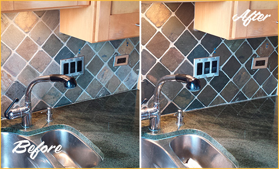 Before and After Picture of a East Irvine Backsplash Caulked to Fix and Prevent Water Leaks