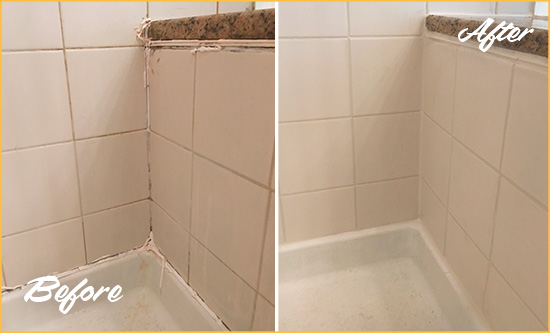 Before and After Picture of a Seal Beach Shower Caulked to Repair Damaged Caulking