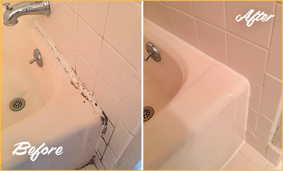 Before and After Picture of a Surfside Bathroom Sink Caulked to Fix a DIY Proyect Gone Wrong