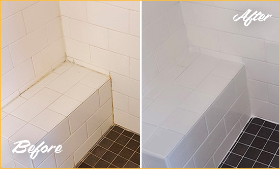 Before and After Picture of a Tustin Shower Seat Caulked to Protect Against Mold and Mildew Growth