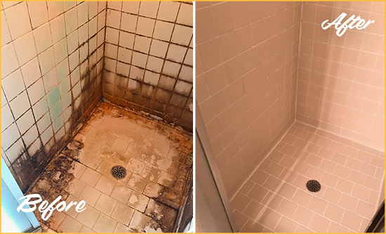 Before and After Picture of a El Toro Shower Caulked to Fix and Prevent Water Damage