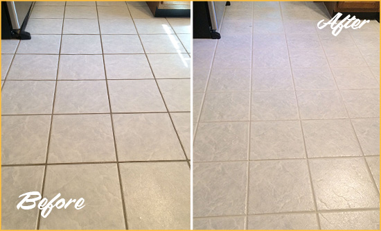 Before and After Picture of a Trabuco Canyon Kitchen Ceramic Floor Sealed to Protect From Dirt and Spills