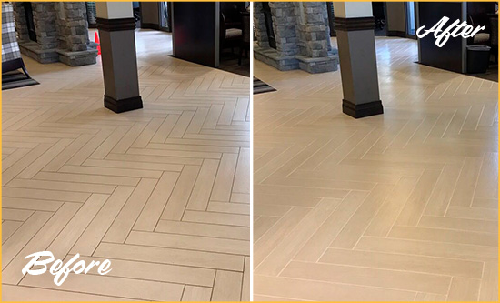 Before and After Picture of a Dirty East Irvine Ceramic Office Lobby Sealed For Extra Protection Against Heavy Foot Traffic