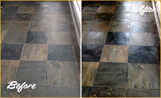 Before and After Picture of a Dull Placentia Slate Floor Sealed to Bring Back Its Colors