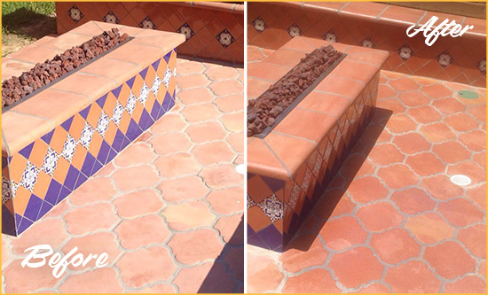 Before and After Picture of a Dull Los Alamitos Terracotta Patio Floor Sealed For UV Protection