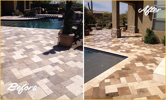 Before and After Picture of a Faded El Toro Travertine Pool Deck Sealed For Extra Protection