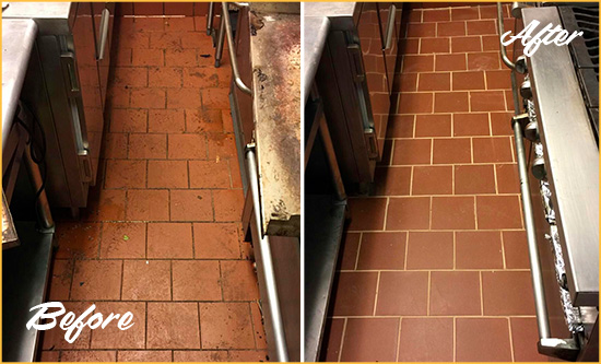 Before and After Picture of a Newport Beach Restaurant Kitchen Floor Sealed to Remove Soil