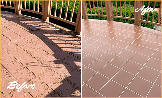 Before and After Picture of a Fullerton Hard Surface Restoration Service on a Tiled Deck