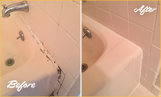 Before and After Picture of a Trabuco Canyon Hard Surface Restoration Service on a Tile Shower to Repair Damaged Caulking