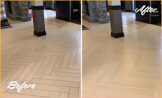 Before and After Picture of a Midway City Hard Surface Restoration Service on an Office Lobby Tile Floor to Remove Embedded Dirt