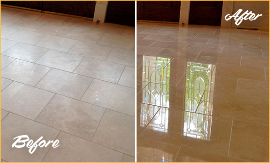 Before and After Picture of a Capistrano Beach Hard Surface Restoration Service on a Dull Travertine Floor Polished to Recover Its Splendor