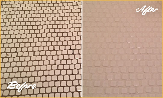 Before and After Picture of a Costa Mesa Hard Surface Restoration Service on a Bathroom Tile Floor Recolored to Fix Grout Color