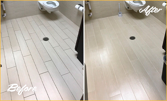 Before and After Picture of a Cypress Office Restroom's Grout Cleaned to Remove Dirt