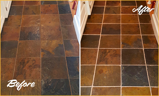 Before and After Picture of Huntington Beach Slate Floor Grout Cleaned to Remove Dirt