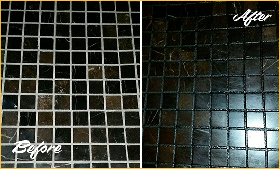 Before and After Picture of a Rancho Santa Margarita Black Floor with Recolored Grout