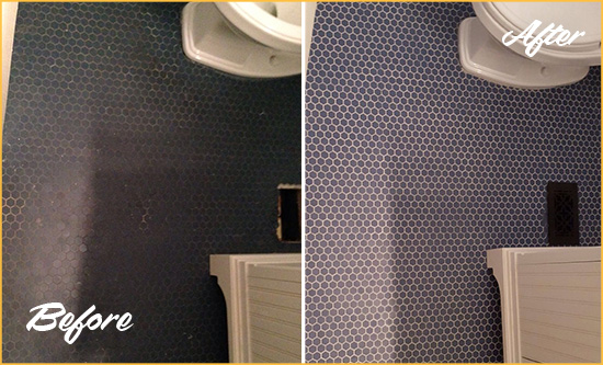 Before and After Picture of a Villa Park Blue Tile Floor Recolored Grout