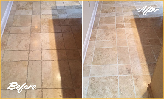 Before and After Picture of a Laguna Woods Travertine Kitchen Floor Recolored Grout