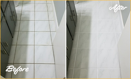 Before and After Picture of a Rancho Santa Margarita White Ceramic Tile with Recolored Grout