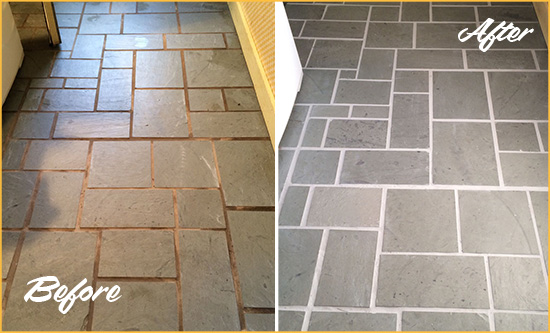 Before and After Picture of Damaged Santa Ana Slate Floor with Sealed Grout