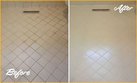 Before and After Picture of a Santa Ana White Bathroom Floor Grout Sealed for Extra Protection