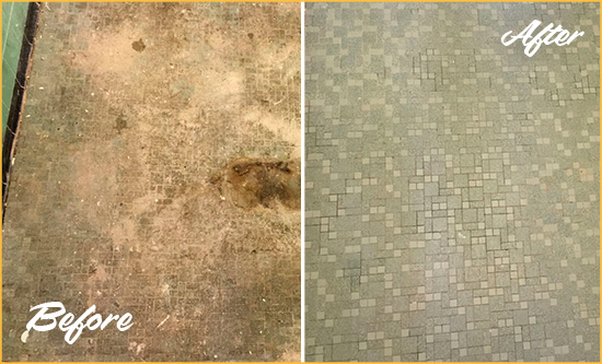 Before and After Picture of a La Palma Mosaic Shower Cleaned to Eliminate Embedded Dirt