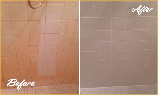 Before and After Picture of a Fullerton Porcelaine Shower Cleaned to Remove Soap Scum