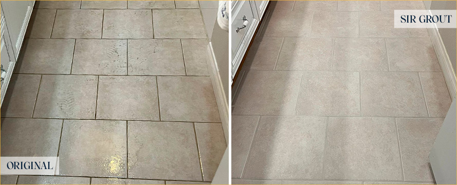 Bathroom Floor Before and After a Grout Cleaning in Placentia, CA