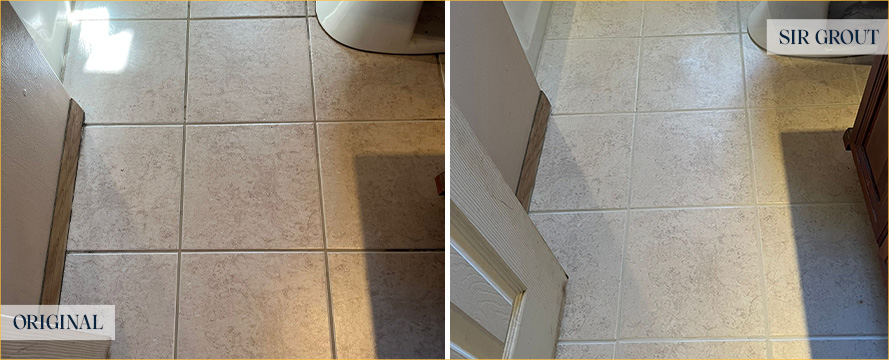 Bathroom Floor Before and After a Grout Recoloring in Garden Grove, CA